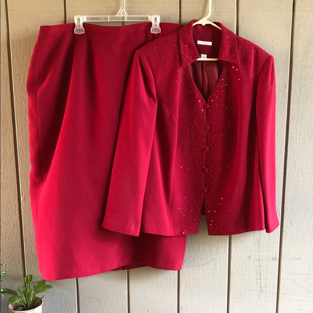 Dress Barn Red Embellished Skirt Suit Jacket and Pencil Skirt
